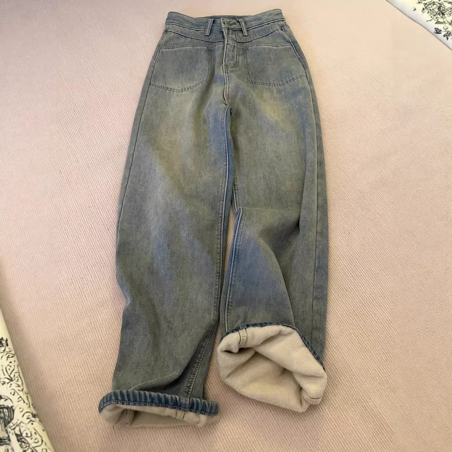 加绒加厚复古浅色直筒牛仔裤女冬新款大码胖mm高腰显瘦宽松阔腿裤