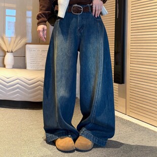 欧货深蓝色大裤脚加绒牛仔阔腿裤女冬季2025新高腰显瘦休闲拖地裤