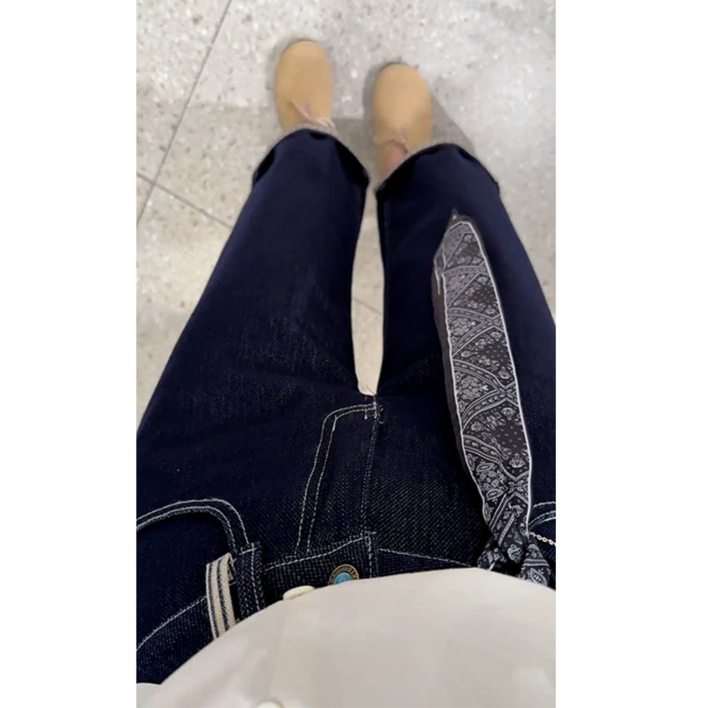 丹宁蓝条纹翻边直筒裤牛仔裤女2026春秋新款窄版设计感显瘦阔腿裤