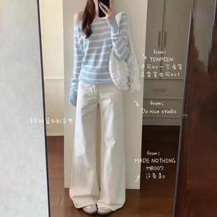 加绒白色阔腿牛仔裤女2025新款冬季加厚显瘦垂感小个子高腰微喇裤