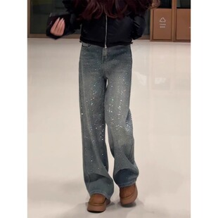 满天星烫钻阔腿牛仔裤女春季2026新款今年流行爆款高腰显瘦直筒裤