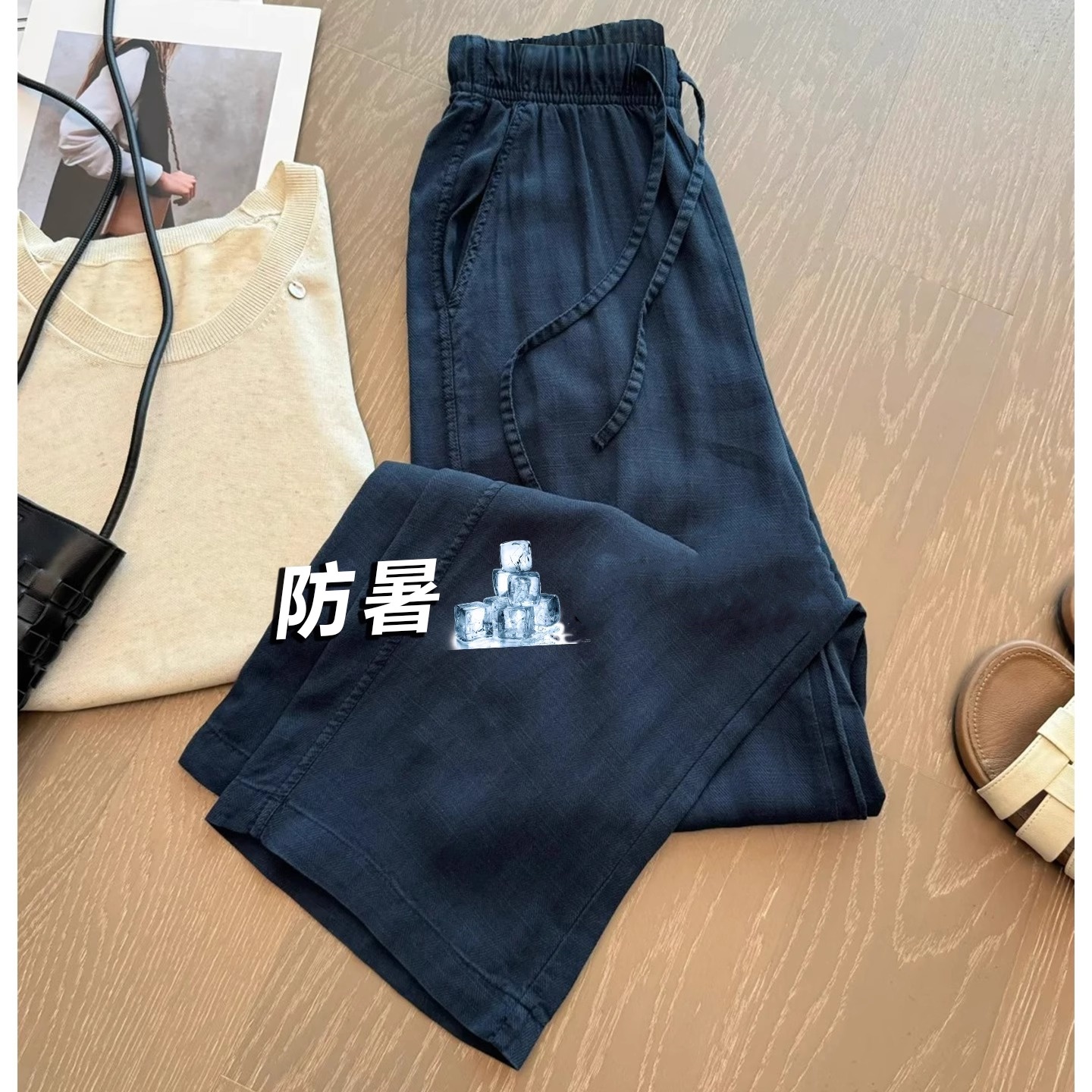 休闲亚麻阔腿裤宽松慵懒风垂感藏青色棉麻裤子女款大码胖mm防晒裤