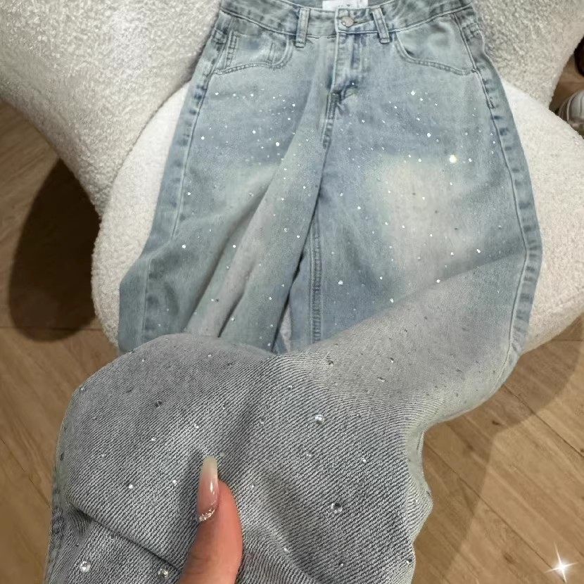 满天星烫钻牛仔裤女2026新款带钻设计感宽松直筒裤百搭窄版阔腿裤