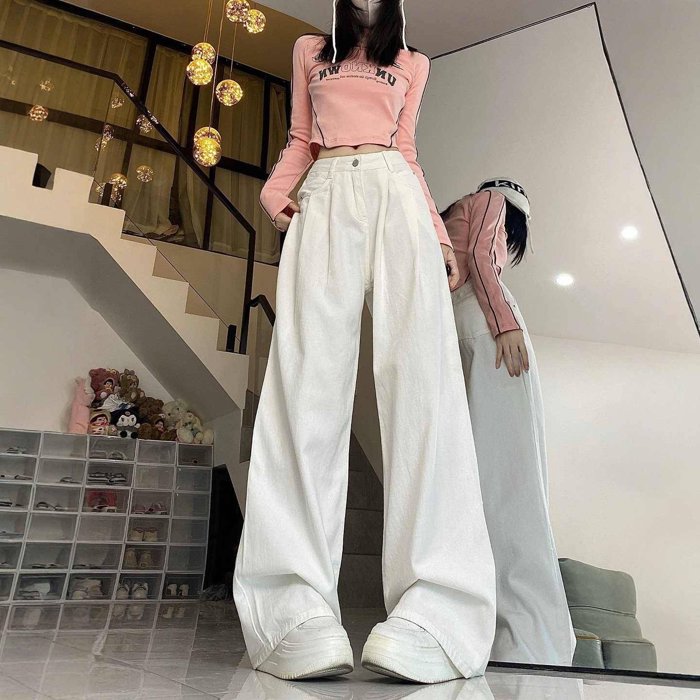 白色直筒牛仔裤女2025秋季款大码胖mm高腰宽松垂感显瘦阔腿拖地裤