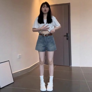 子 复古蓝高腰牛仔短裤 女夏季 大码 胖mm显瘦小个子遮胯a字阔腿热裤