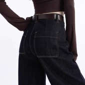 女高腰直筒拖地裤 店主 深蓝色单宁镰刀阔腿牛仔裤 推荐 子 自留款