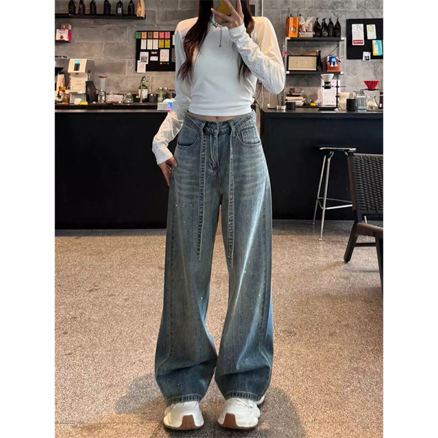 大码美式烫钻牛仔裤女春秋胖mm梨形身材宽松高腰显瘦直筒阔腿裤子