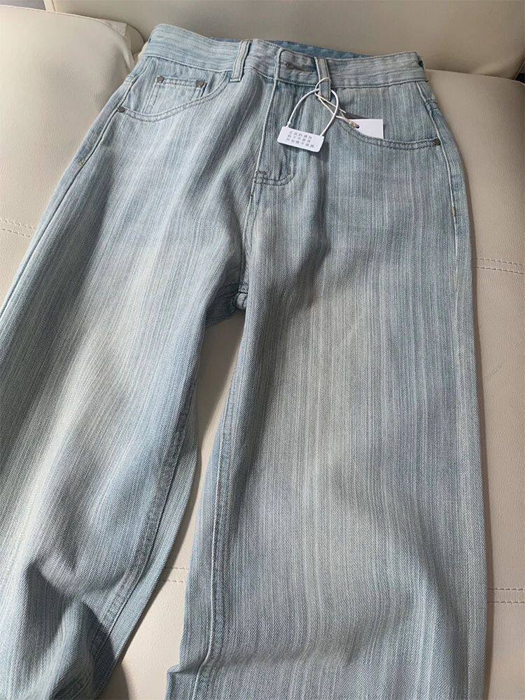 梨形身材直筒牛仔裤女夏季薄款高腰条纹宽松大码胖mm显瘦阔腿裤