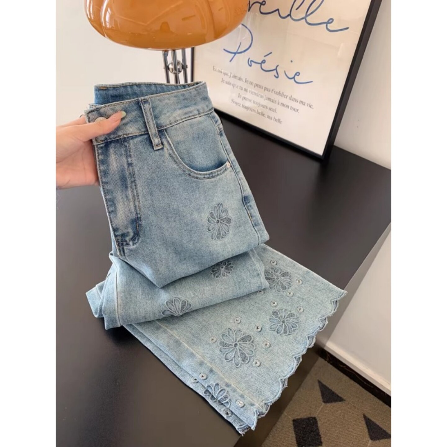 浅蓝色复古刺绣九分牛仔裤阔腿宽松窄版直筒法棍梧桐裤子女小个子