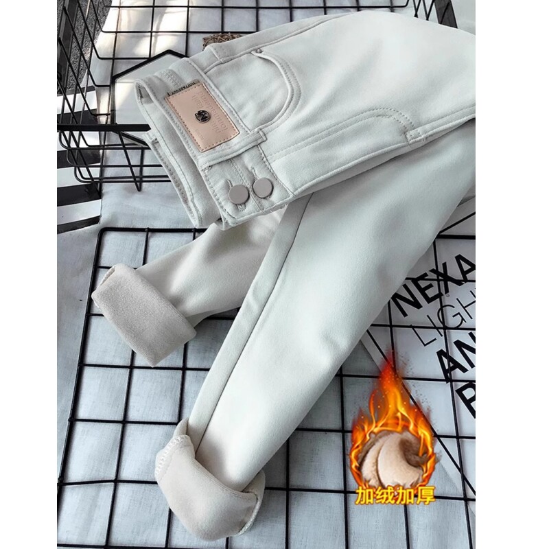 高品质！杏色加绒加厚牛仔裤女冬季保暖米白色显瘦靴裤小脚长裤潮