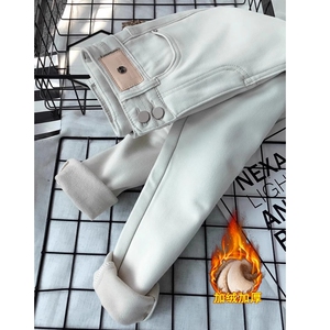 高品质！杏色加绒加厚牛仔裤女冬季保暖米白色显瘦靴裤小脚长裤潮
