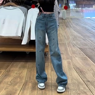 烫钻刺绣阔腿牛仔裤女2025秋季新款大码胖mm窄版直筒裤加长拖地裤