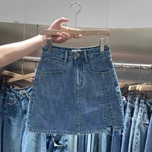 韩版开叉牛仔短裙2025夏季高腰显瘦半身裙子防走光百搭A字裙女