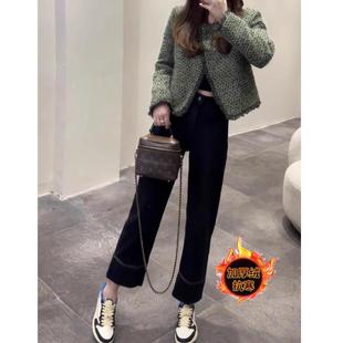 黑色烟管牛仔裤女秋冬加绒加厚显瘦高腰小个子九分窄版直筒阔腿裤