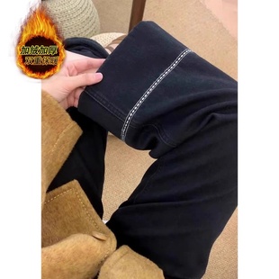 加绒加厚弹力黑色直筒牛仔裤女秋冬新款胖妹妹高腰显瘦九分阔腿裤
