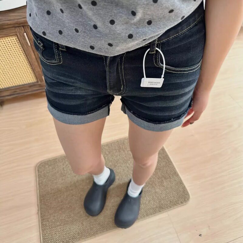 深蓝色复古卷边牛仔短裤女夏季新款大码胖mm高腰显瘦遮胯a字热裤