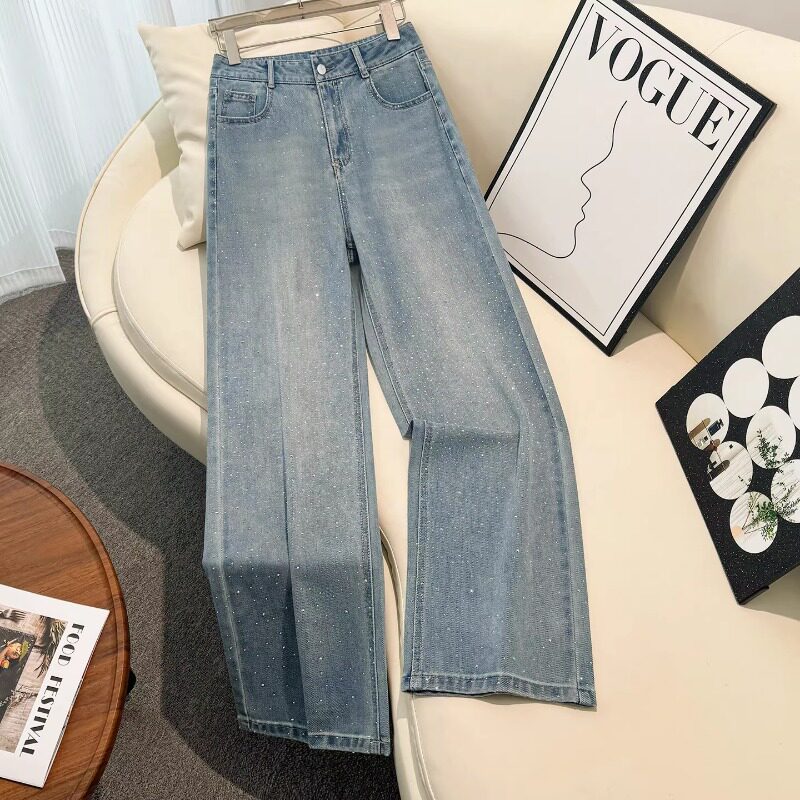 浅蓝色亮闪闪阔腿牛仔裤女春季2026新款显瘦宽松直筒裤爆闪流星裤