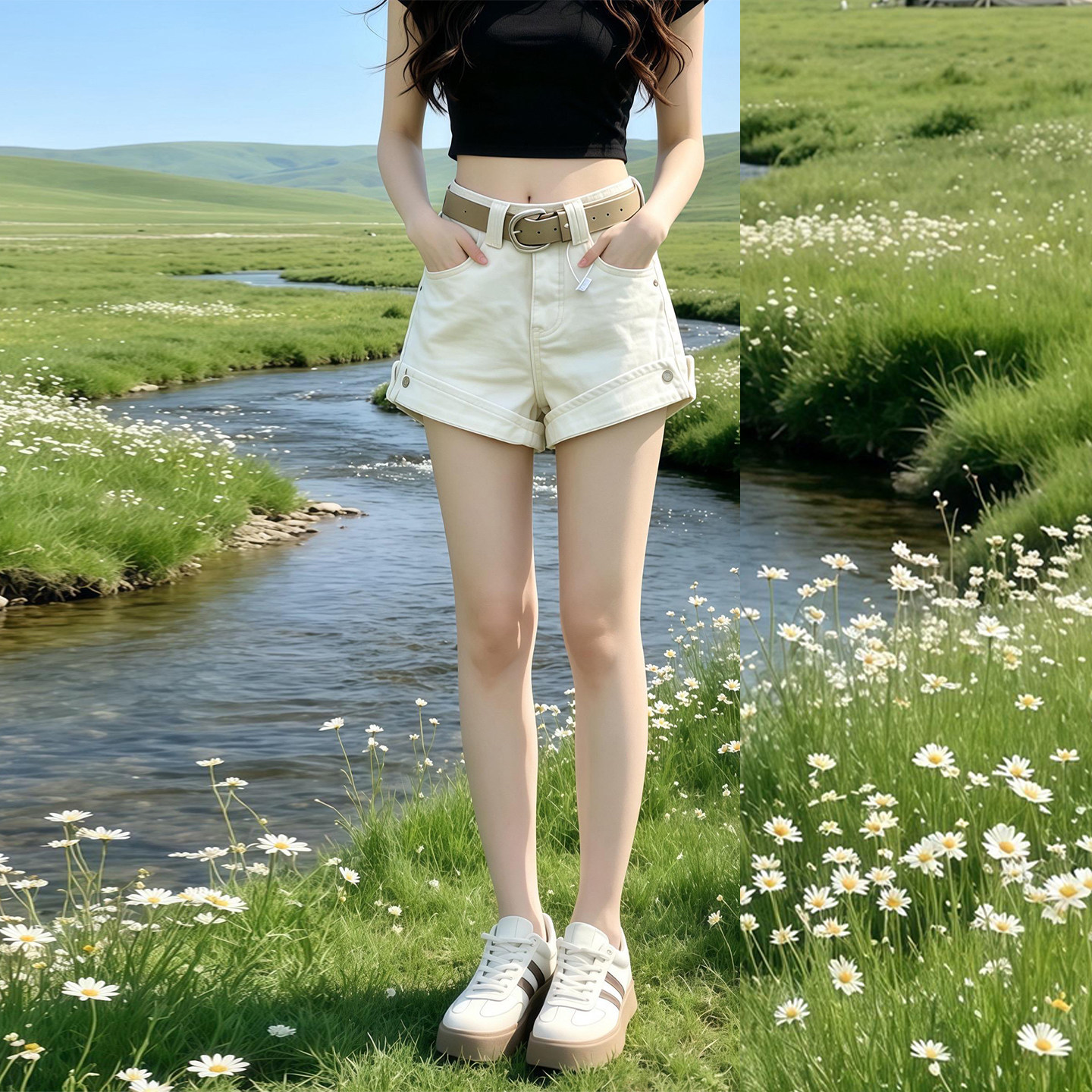 杏色老钱风复古卷边牛仔短裤女2026夏季薄款高腰显瘦宽松阔腿热裤
