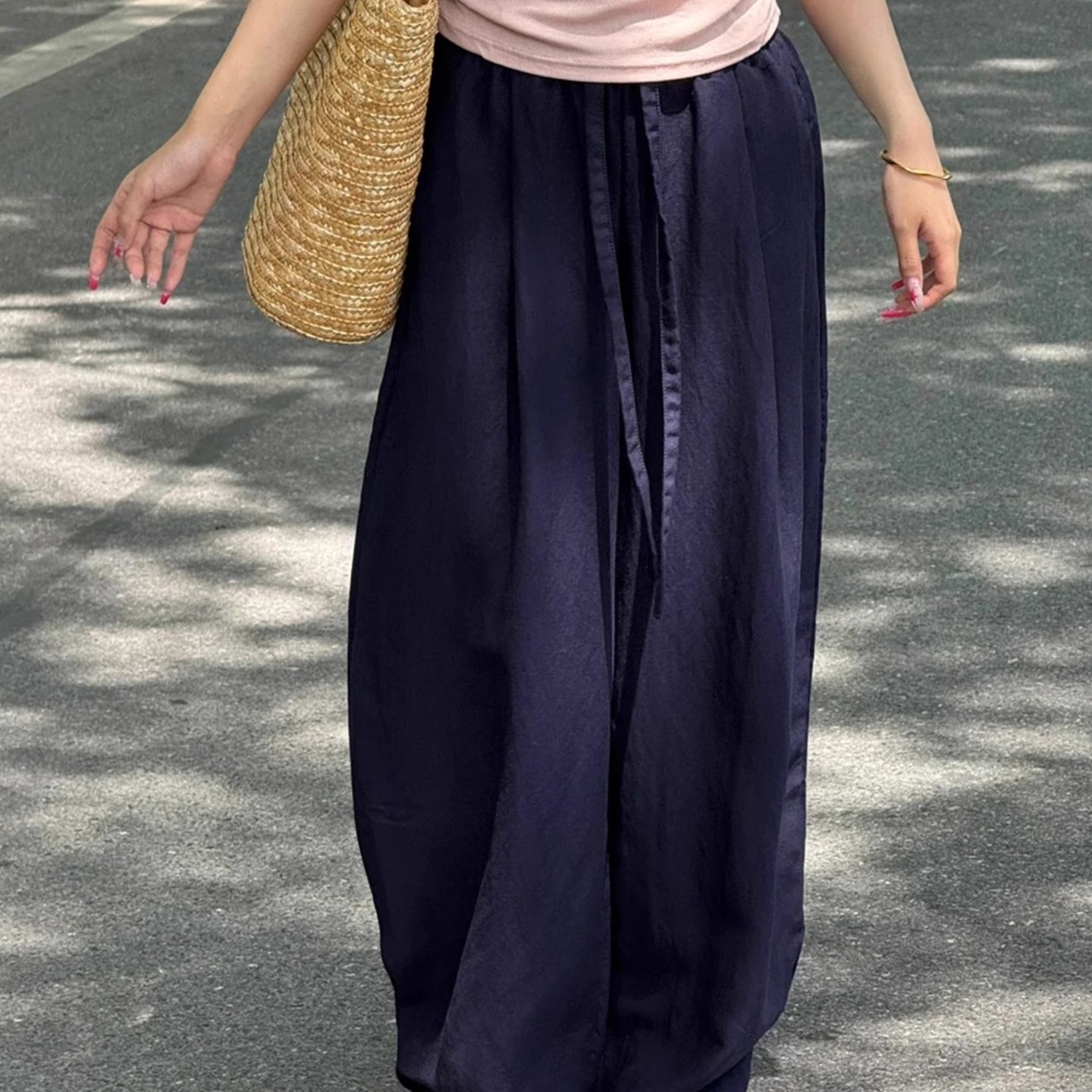藏蓝色亚麻裤子女夏日轻薄凉凉裤大码胖mm垂感休闲棉麻弯刀阔腿裤