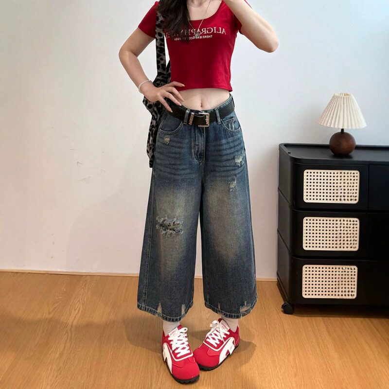 复古蓝色阔腿牛仔裤女夏季新款破洞高腰宽松显瘦小个子八分阔腿裤