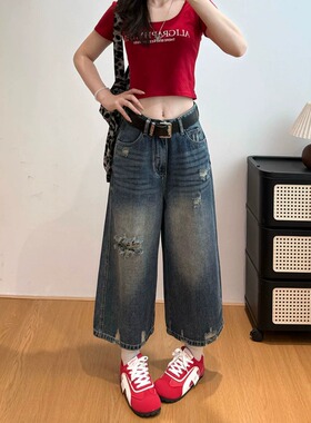 复古蓝色阔腿牛仔裤女夏季新款破洞高腰宽松显瘦小个子八分阔腿裤