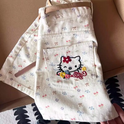 美式kitty猫刺绣高腰牛仔短裤女2025新款百搭显瘦小个子a字热裤子
