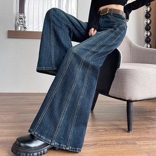 美式复古弹力阔腿牛仔裤女冬季爆款加绒加厚宽松遮肉大脚喇叭裤子