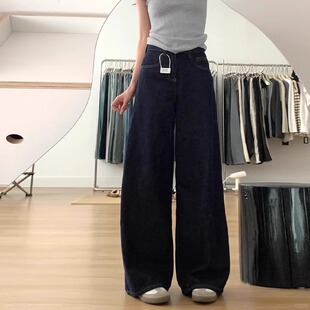 梨形身材深蓝色阔腿牛仔裤女初秋装大码胖mm高腰宽松显瘦拖地裤子