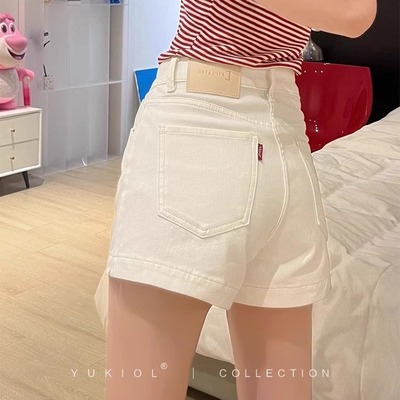(现货)牛仔短裤女2025夏日新款弹力高腰白色薄款显瘦开叉A字热裤