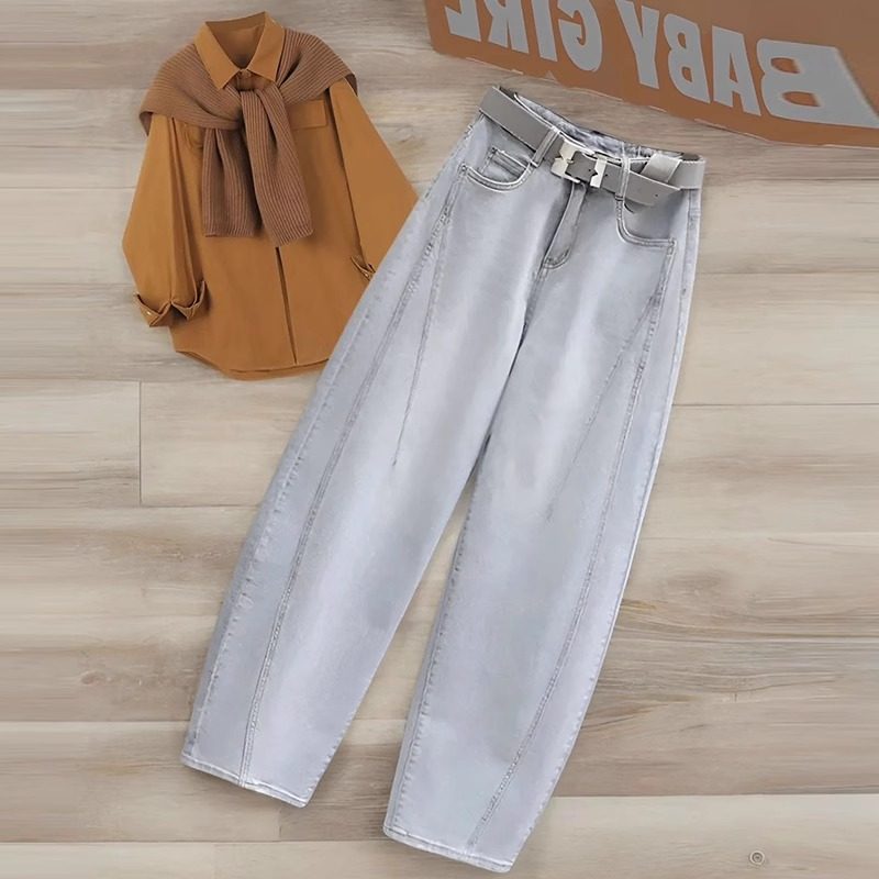 欧货洋气夏季窄版弯刀牛仔裤女2025新款高腰显瘦宽松小个子直筒裤