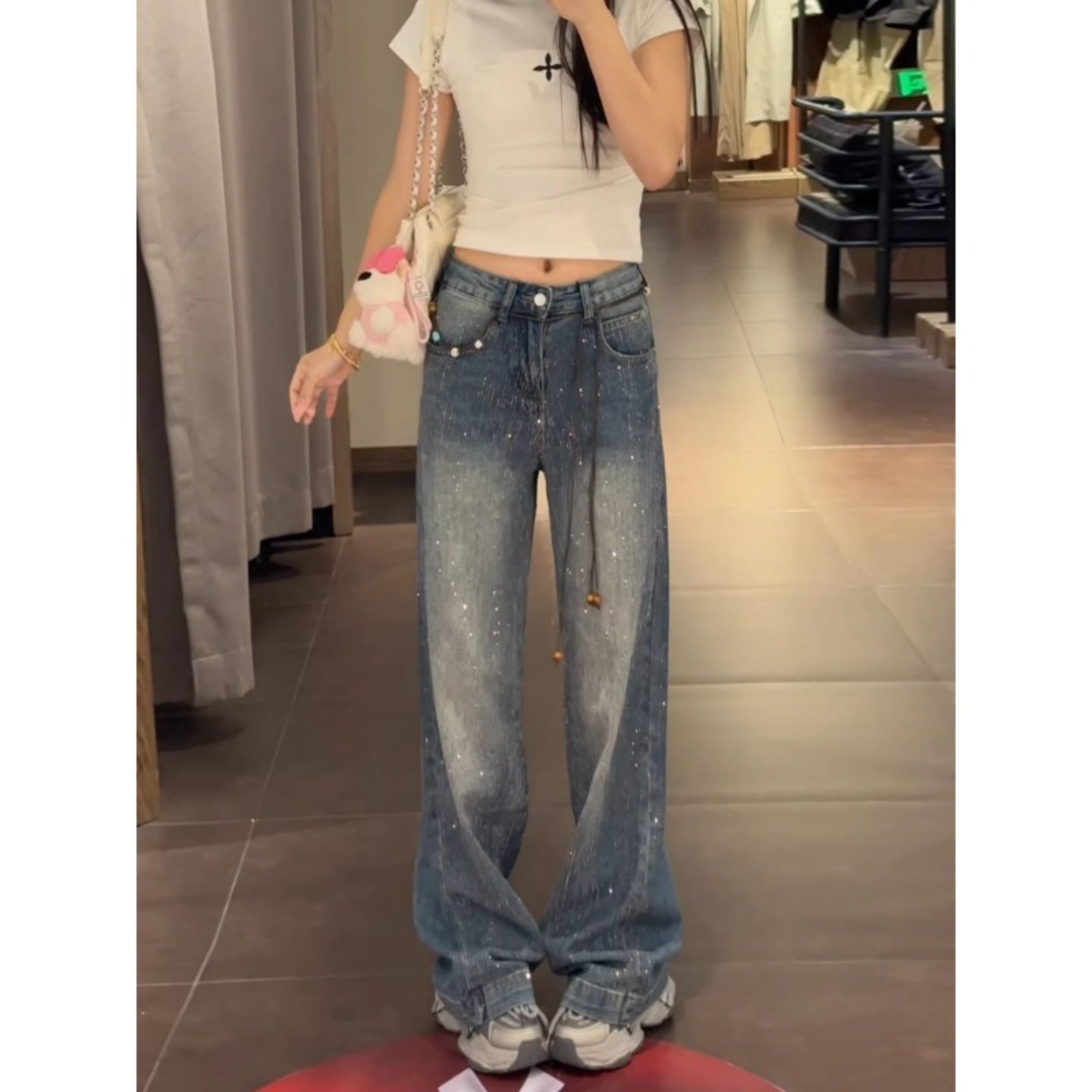 蓝色重工烫钻阔腿牛仔裤女2026春季新款高级感复古高腰直筒拖地裤