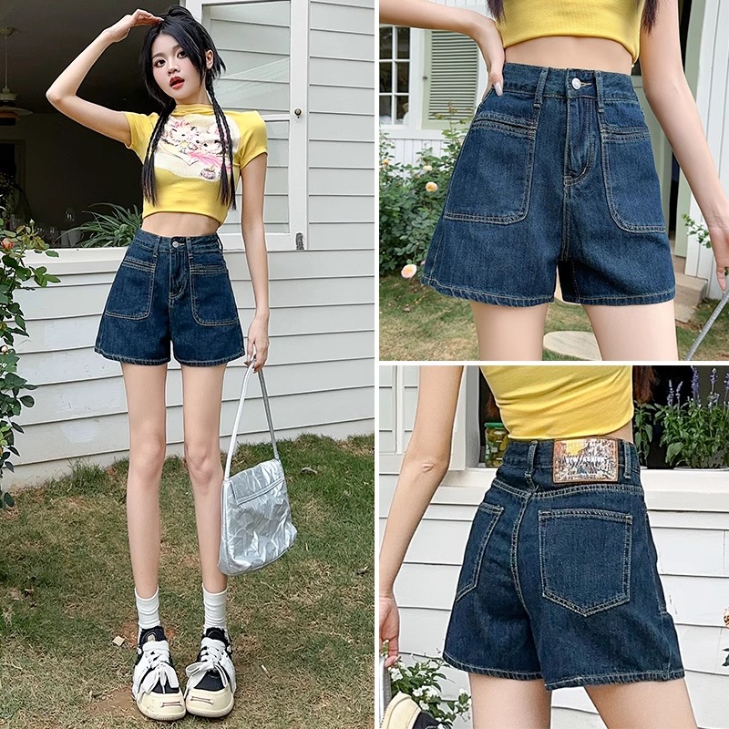 深蓝色牛仔短裤女夏季薄款2025新款高腰a字显瘦小个子阔腿短热裤