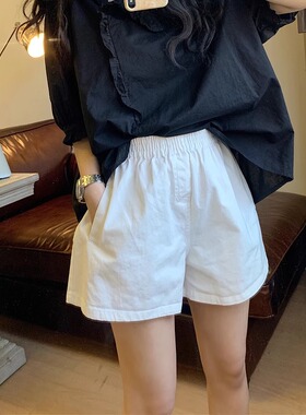 松紧腰宽松显瘦牛仔短裤女夏季韩版白色通勤百搭高腰休闲阔腿热裤