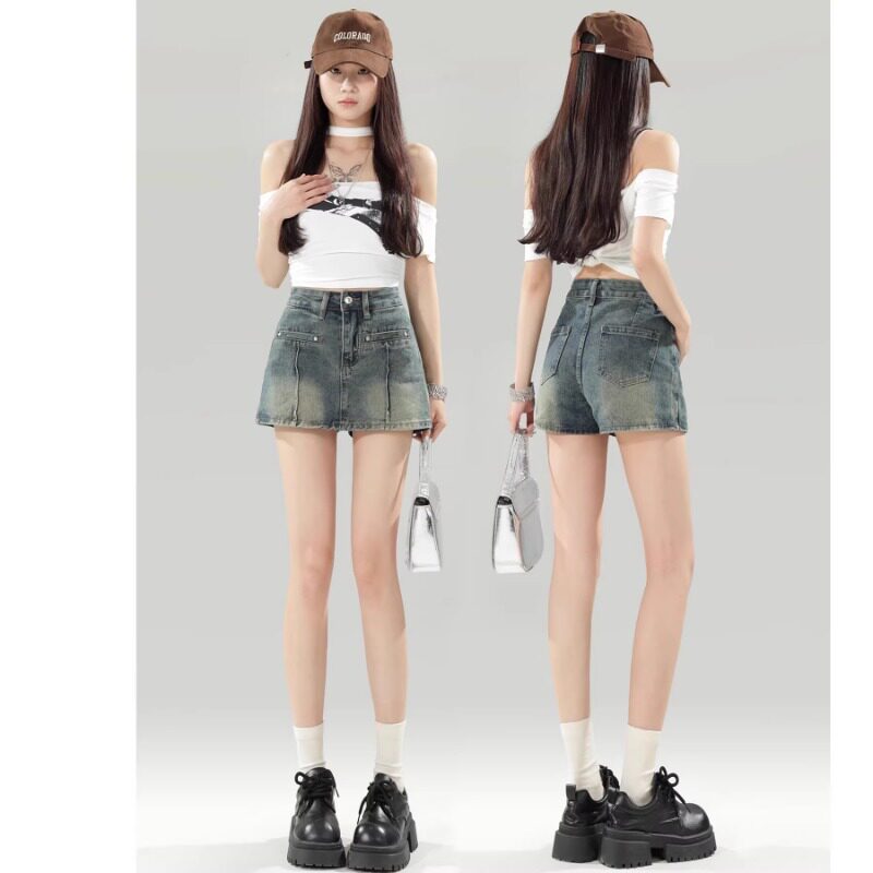复古蓝高腰牛仔短裤女2026春夏新款显瘦a字防走光设计辣妹裙裤