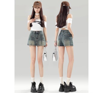 复古蓝高腰牛仔短裤女2026春夏新款显瘦a字防走光设计辣妹裙裤