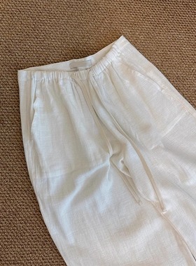 无D推荐~版型超ZAN！韩系小个子白色松紧高腰抽绳苎麻休闲裤子女