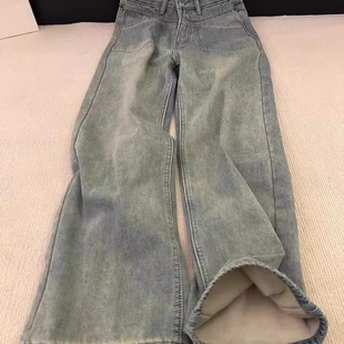 加绒加厚美式牛仔裤女秋冬大码胖mm梨型身材高腰遮胯阔腿直筒长裤