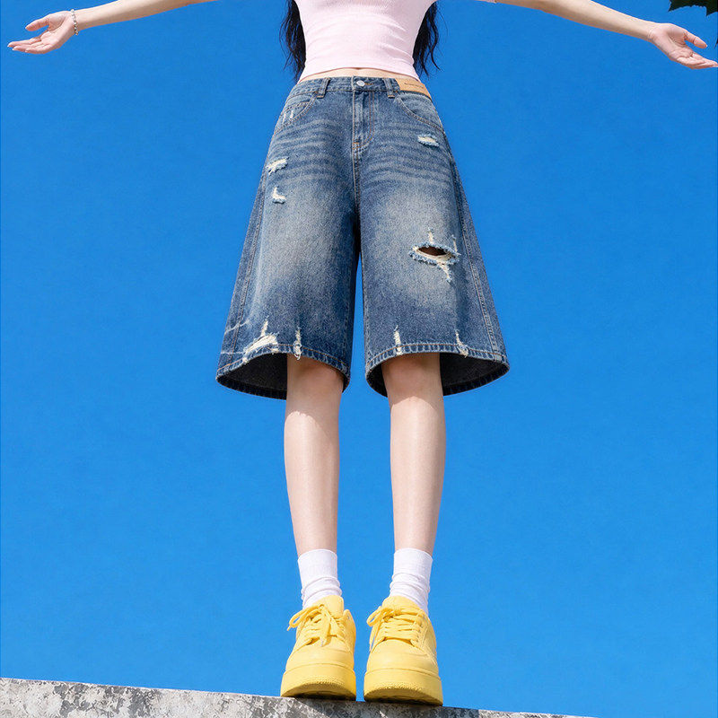 美式破洞五分裤牛仔短裤女2026年夏季新款设计感小个子阔腿5分裤图片