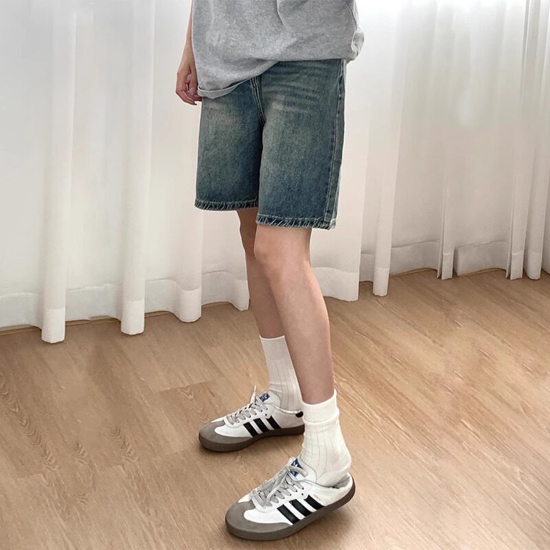 美式复古牛仔短裤女2025夏季薄款高腰宽松显瘦直筒阔腿五分中裤子