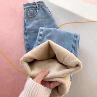 加绒加厚蓝色窄版直筒牛仔裤女冬季新款大码胖mm显瘦宽松阔腿裤子