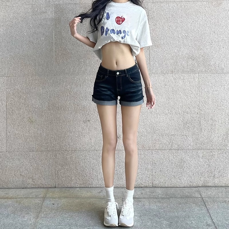 美式藏黑色牛仔短裤女2025夏季新款低腰辣妹卷边弹力包臀a字热裤