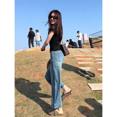 蓝色直筒牛仔裤女夏季薄款大码胖mm高腰显瘦垂感九分窄版阔腿裤子