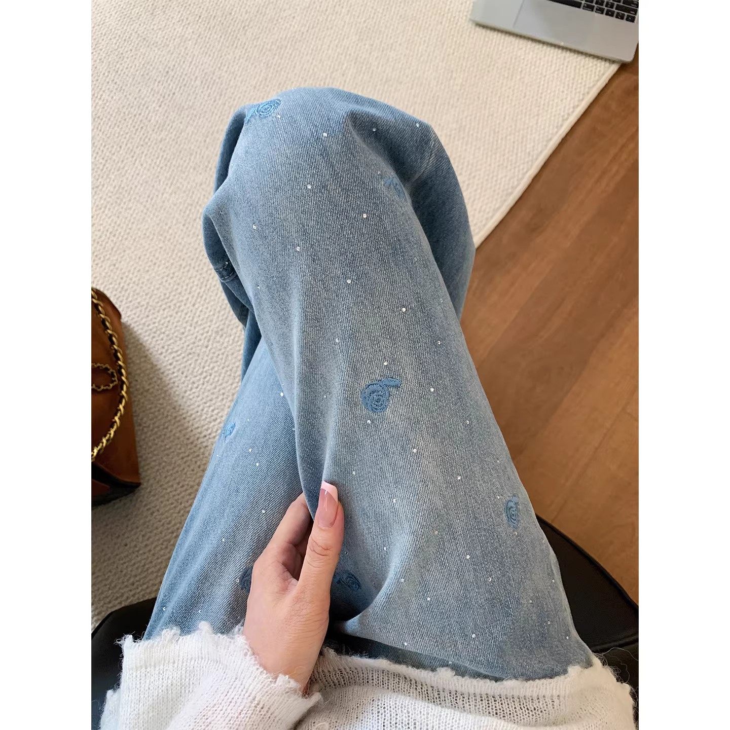 重工烫钻直筒牛仔裤女2026春新款大码胖mm高腰显瘦垂感刺绣阔腿裤