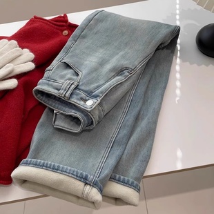 复古做旧浅蓝色窄版阔腿加绒牛仔裤女！冬季高腰显瘦直筒休闲长裤