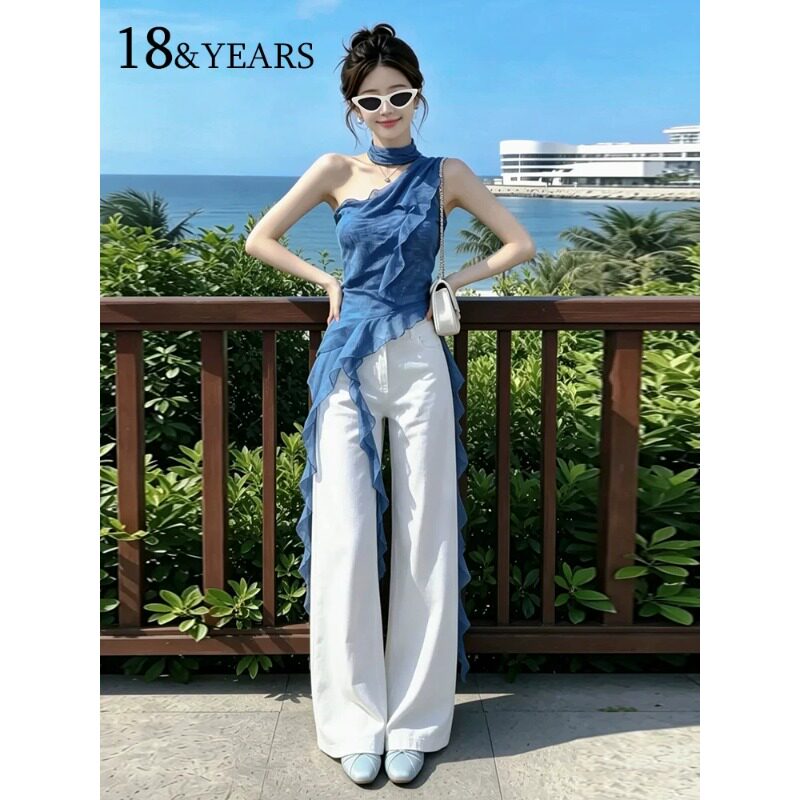 白色窄版阔腿牛仔裤女2026夏季新款高腰宽松高级垂感小个子直筒裤