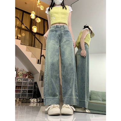 大码复古浅色牛仔裤女春秋胖mm高腰显瘦宽松小个子直筒阔腿长裤子