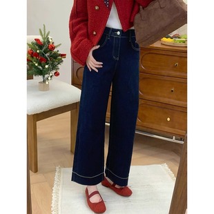 加绒加厚深蓝色直筒牛仔裤女冬季新款胖妹妹mm宽松显瘦弹力阔腿裤