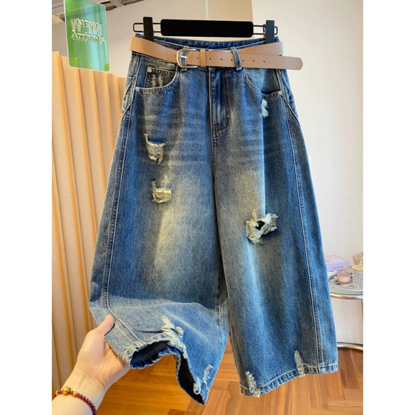 破洞直筒牛仔裤女夏季新款大码胖mm小个子高腰宽松显瘦八分阔腿裤
