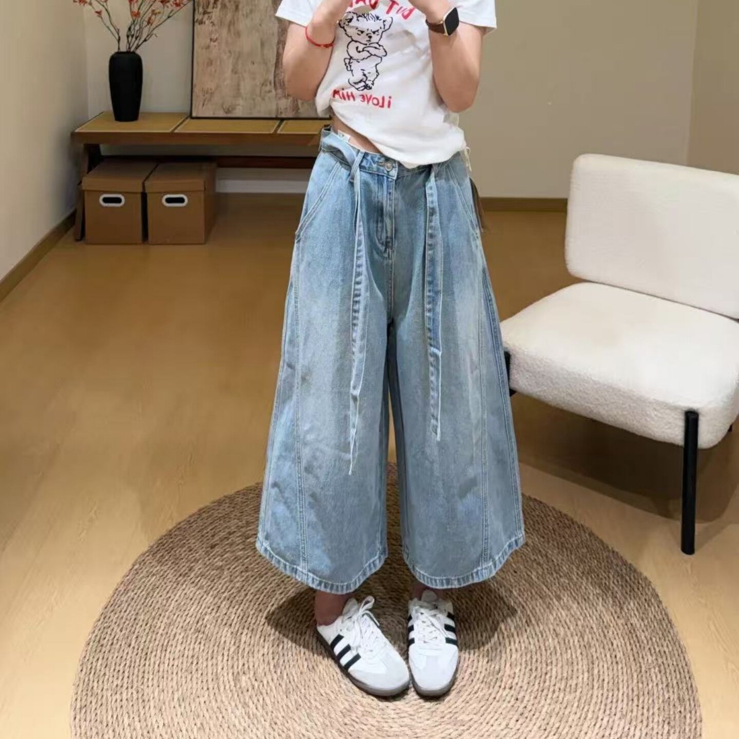 韩版高腰系带阔腿牛仔裤女2026夏季新款水洗八分裤显瘦百搭休闲裤