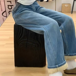 浅蓝窄版阔腿加绒牛仔裤女2025冬季新款高腰显瘦宽松小个子直筒裤